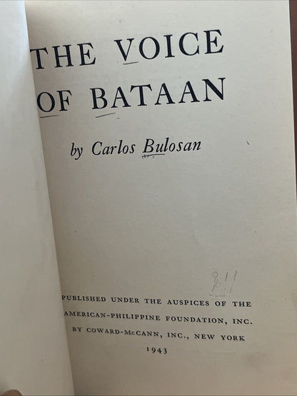 The Voice Of Bataan By Carlos Bulosan [1943] Ex-LIB;HC/No DJ