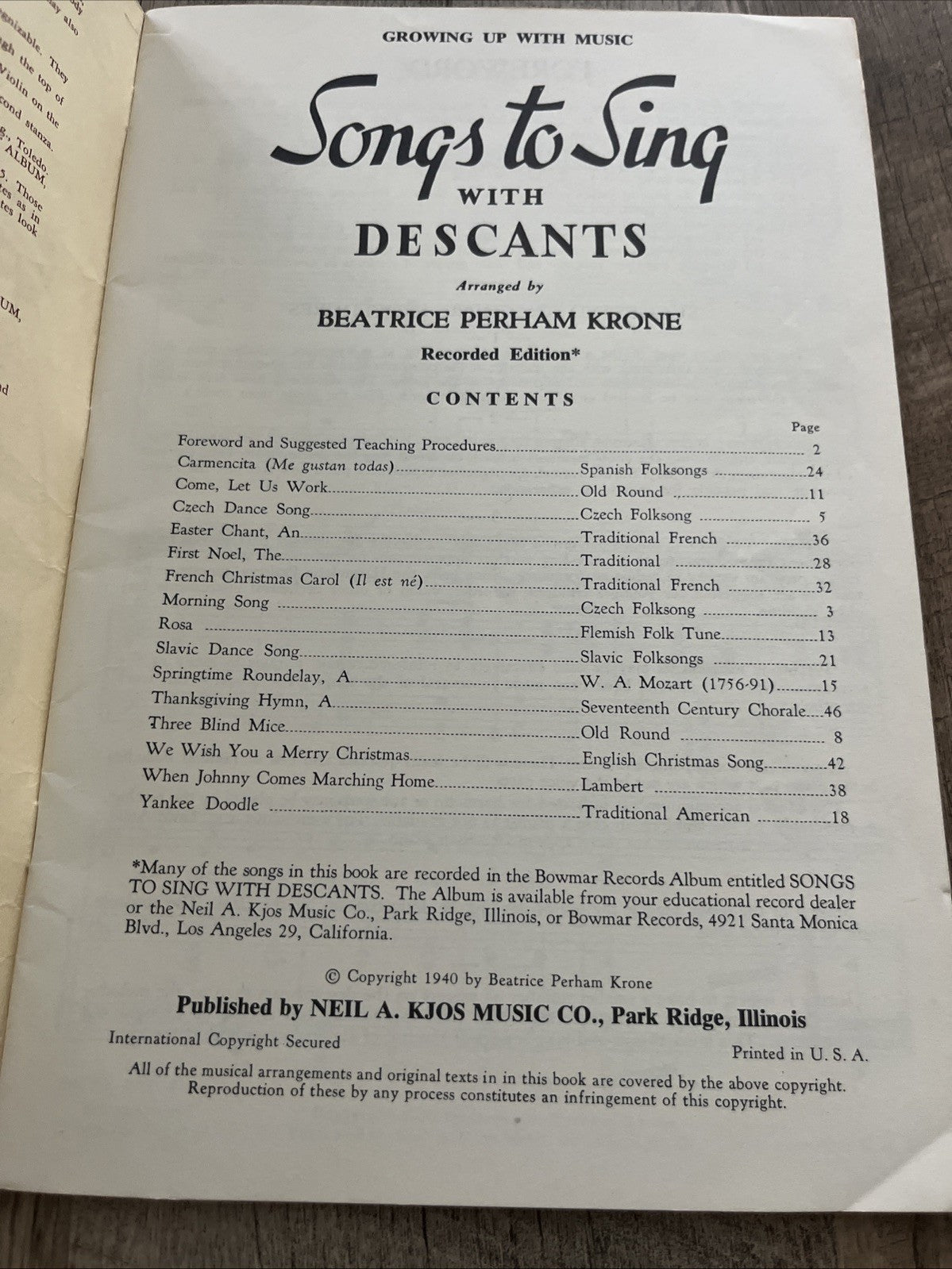 Songs To Sing With Descants New Recorded Ed by Beatrice Perham Krone 1940