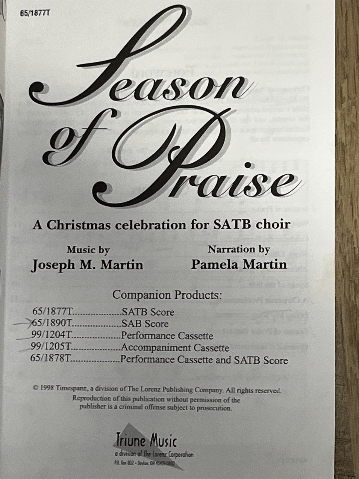 Lot 2 Season of Praise A Christmas Celebration for SATB Choir Martin Music Book