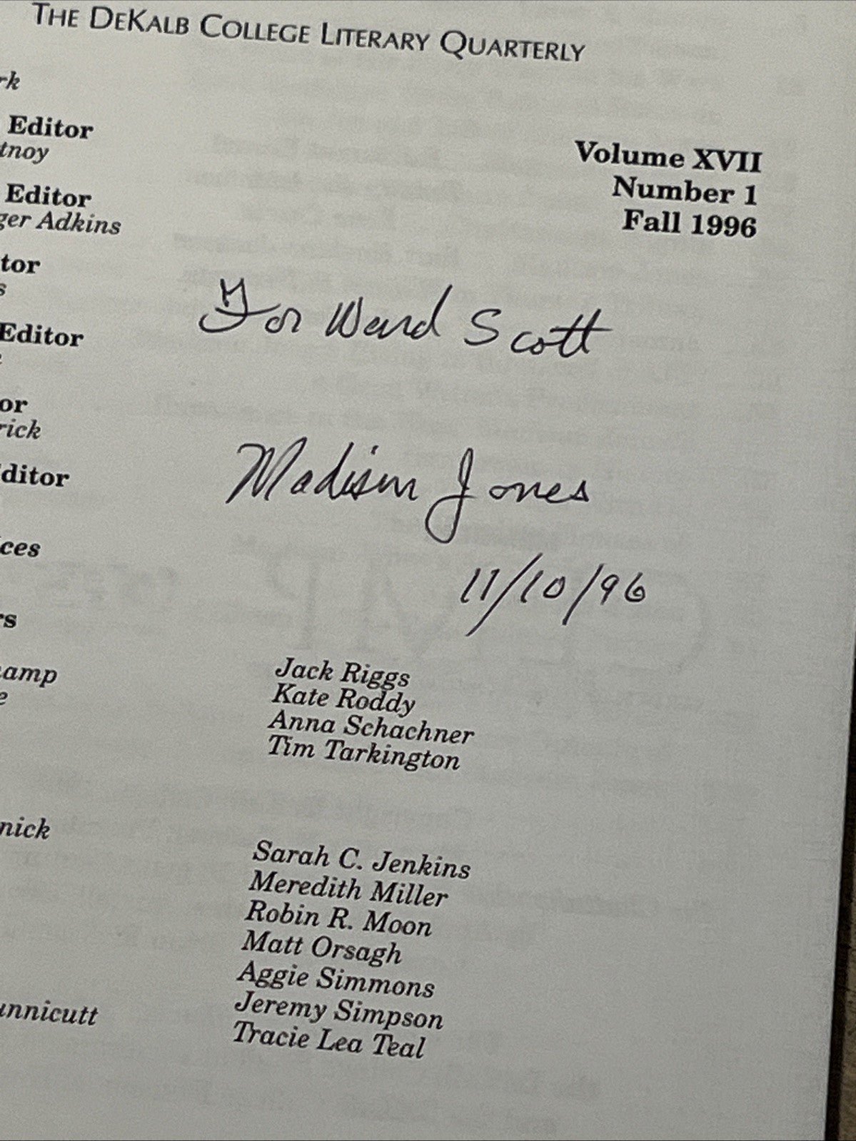 Chattahoochee Review: SIGNED Madison Jones Vol 7 #1 Fall 1996 The DeKalb College