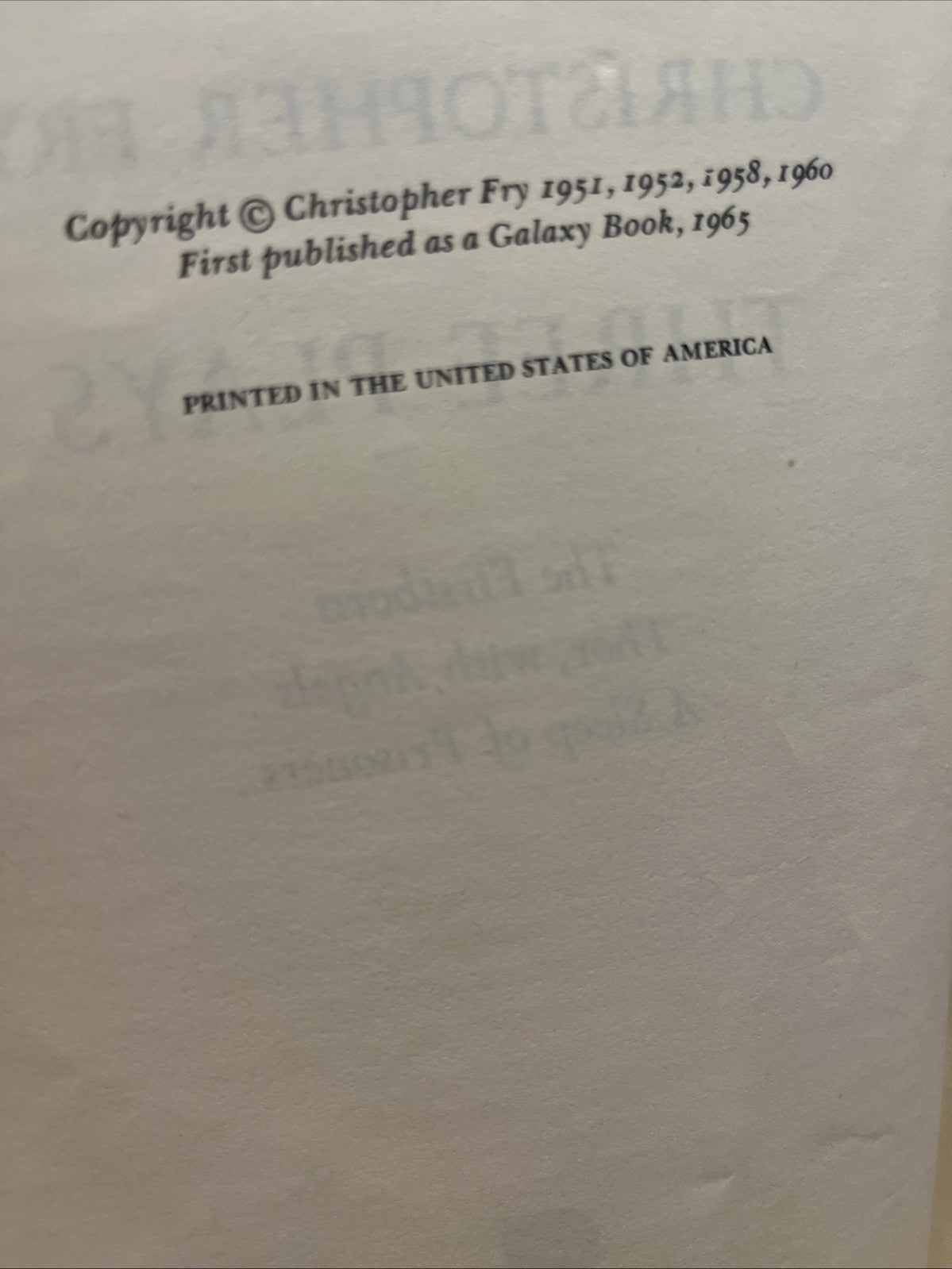 CHRISTOPHER FRY-THREE PLAYS (1965) THE FIRSTBORN/THOR/SLEEP PRISONERS VG+ EX LIB