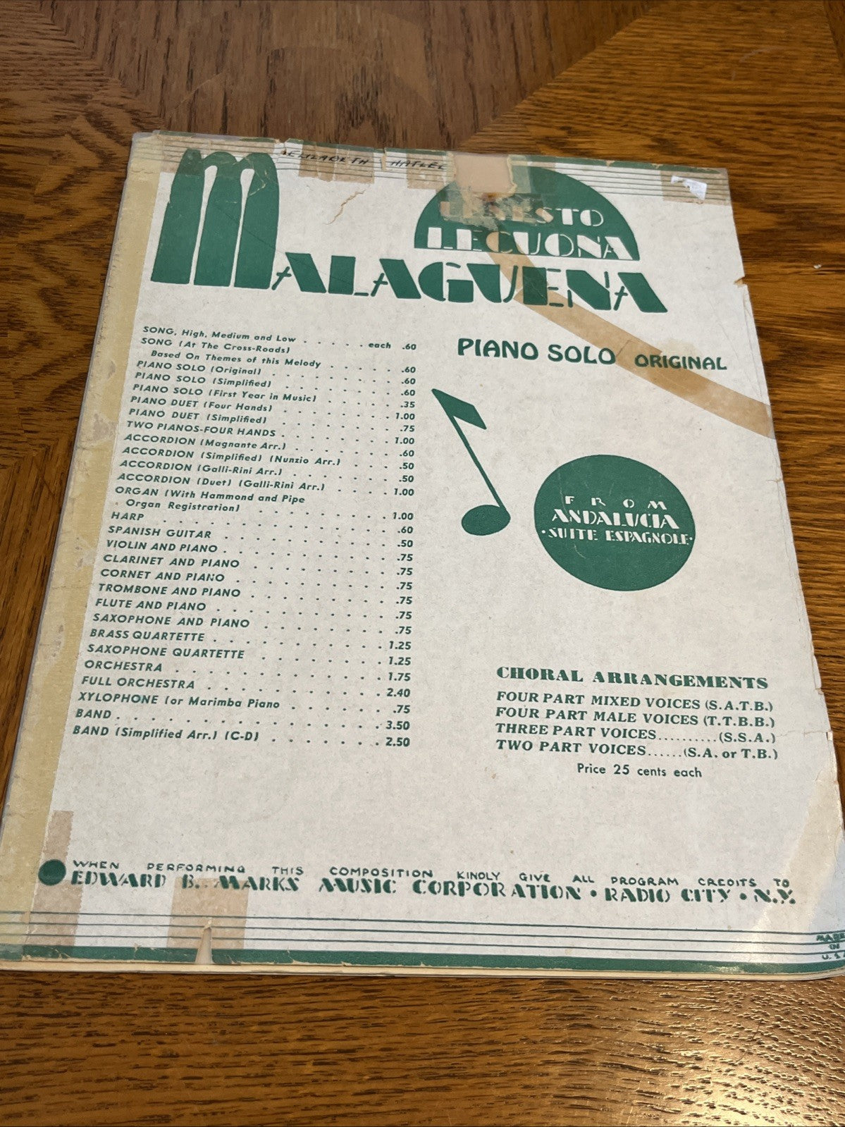 VINT 1930 LATIN-AMERICAN CLASSIC ERNESTO LECUONA - MALAGUENA PIANO SHEET MUSIC