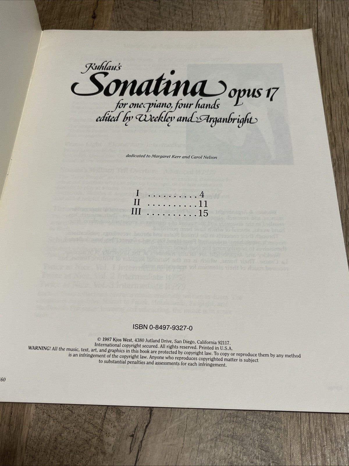 Ruhlman's Sonatina Opus 17 For One Piano,Four Hands By Weekly & Arganbright 1987