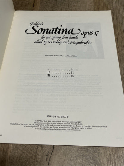 Ruhlman's Sonatina Opus 17 For One Piano,Four Hands By Weekly & Arganbright 1987