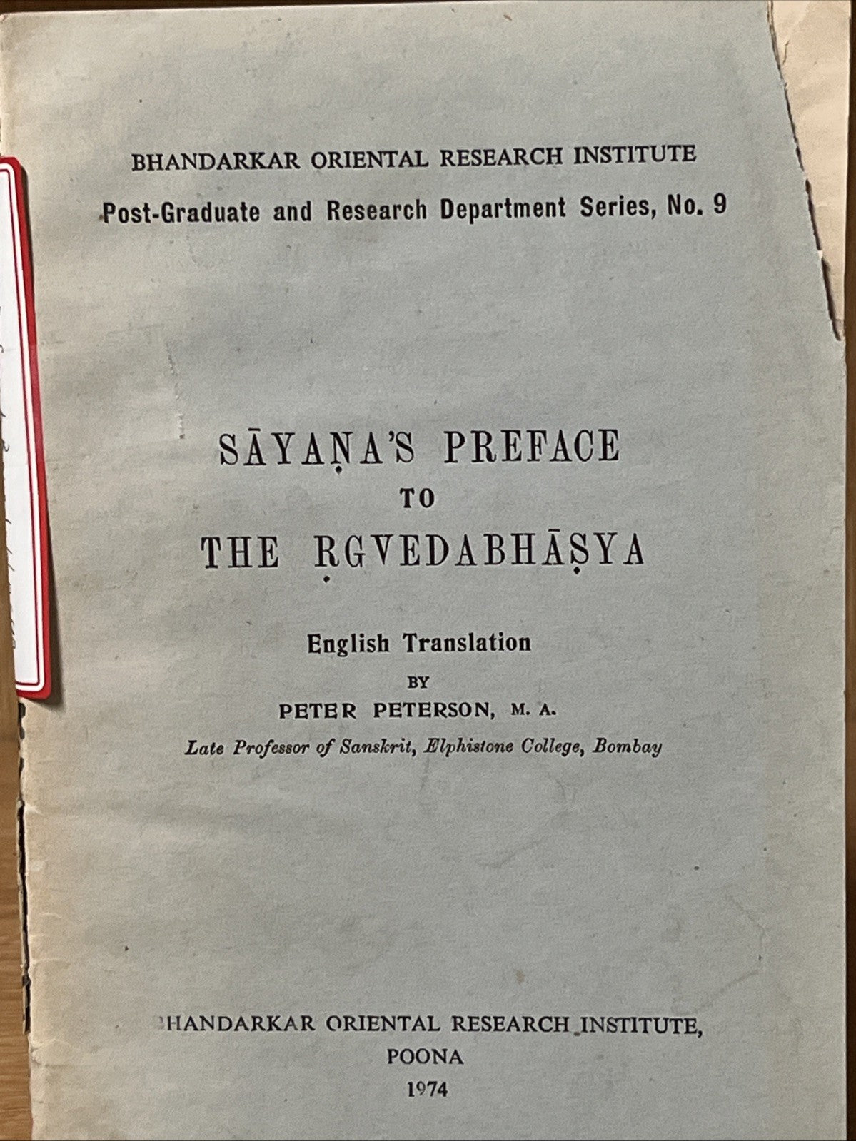 Sayana's Preface to the Rgvedabhasya Eng translation by Peter Peterson 1974 RARE
