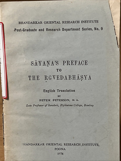 Sayana's Preface to the Rgvedabhasya Eng translation by Peter Peterson 1974 RARE