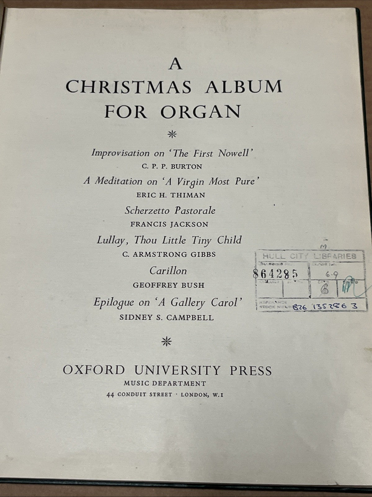 Christmas Album for Organ by Oxford University Press, Hull City Libraries. 1956