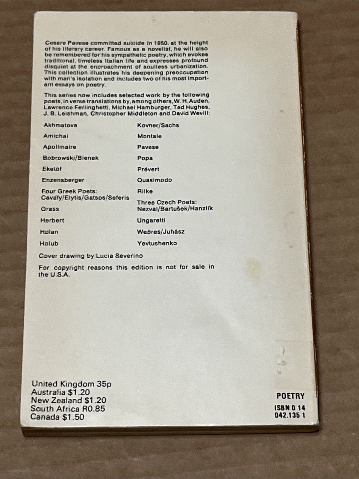 Cesare Pavese Selected Poems, Penguin Modern European Poets. Ex Library 1969
