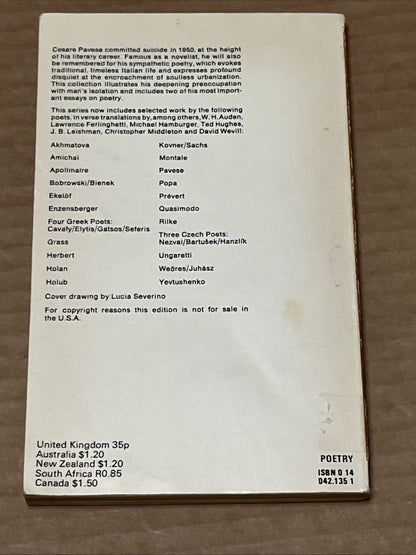 Cesare Pavese Selected Poems, Penguin Modern European Poets. Ex Library 1969