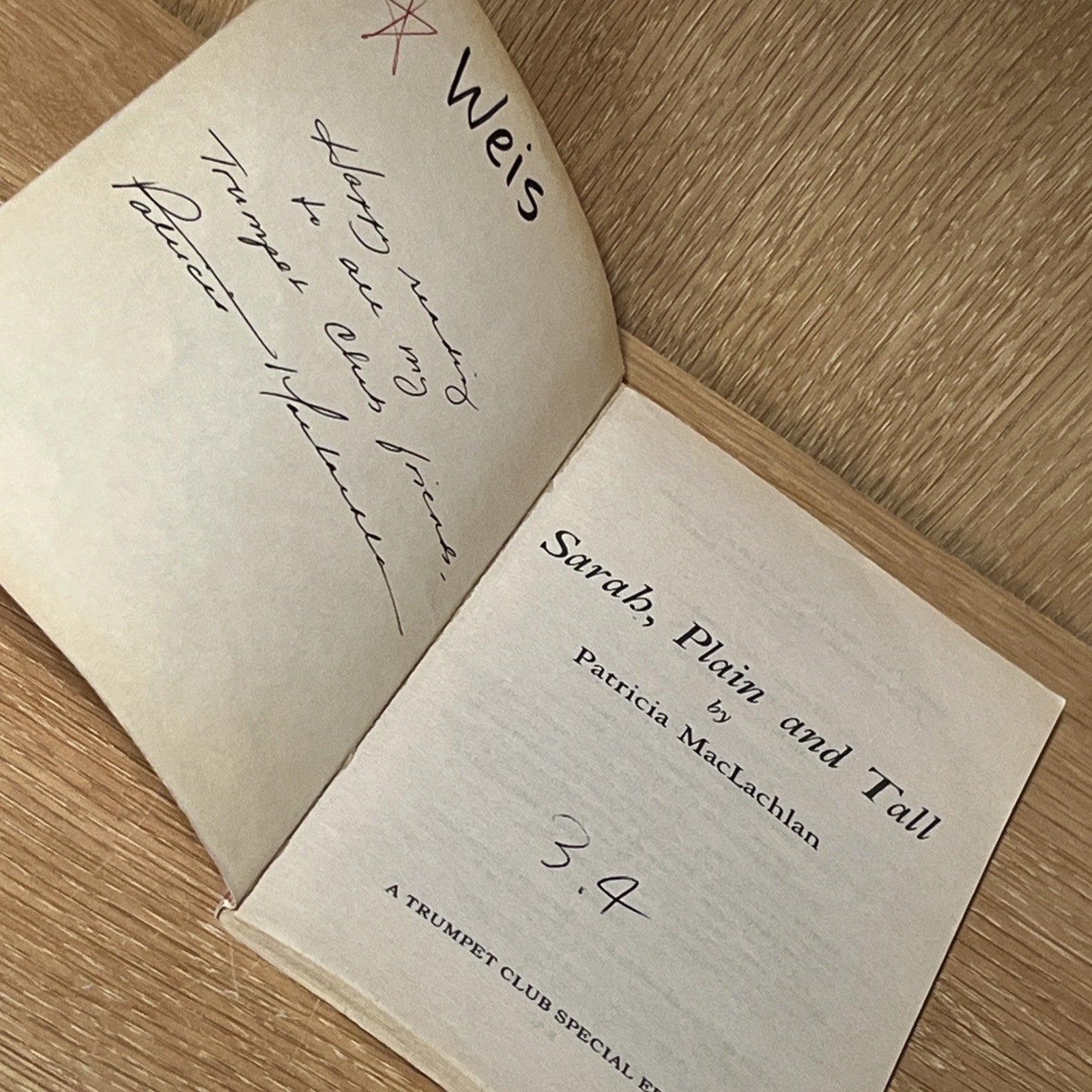 Sarah Plain and Tall INSCRIBED & SIGNED Patricia MacLachlan Newbery Medal Winner
