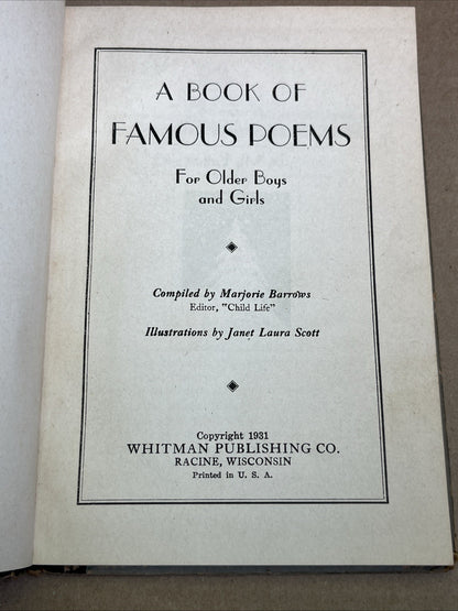 A Book Of Famous Poems First Edition by Marjorie Barrows 1931 Vintage