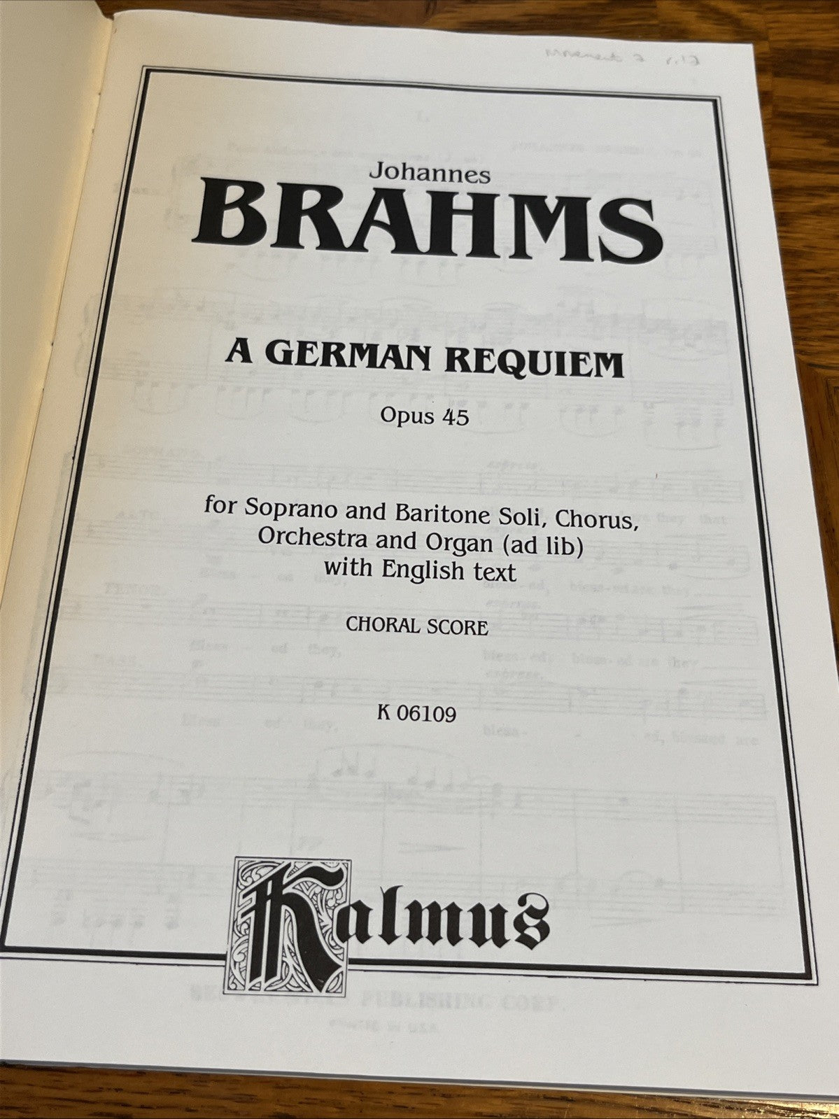 Vintage Song Book JOHANNES BRAHMS "A German Requiem" Paperback 96 pages