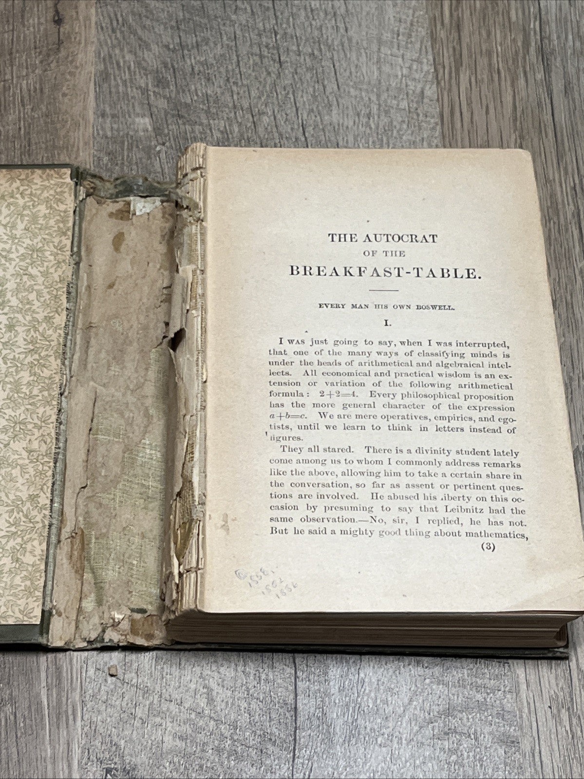 The Autocrat of the Breakfast Table by Oliver Wendell Holmes 1858- Missing Pages