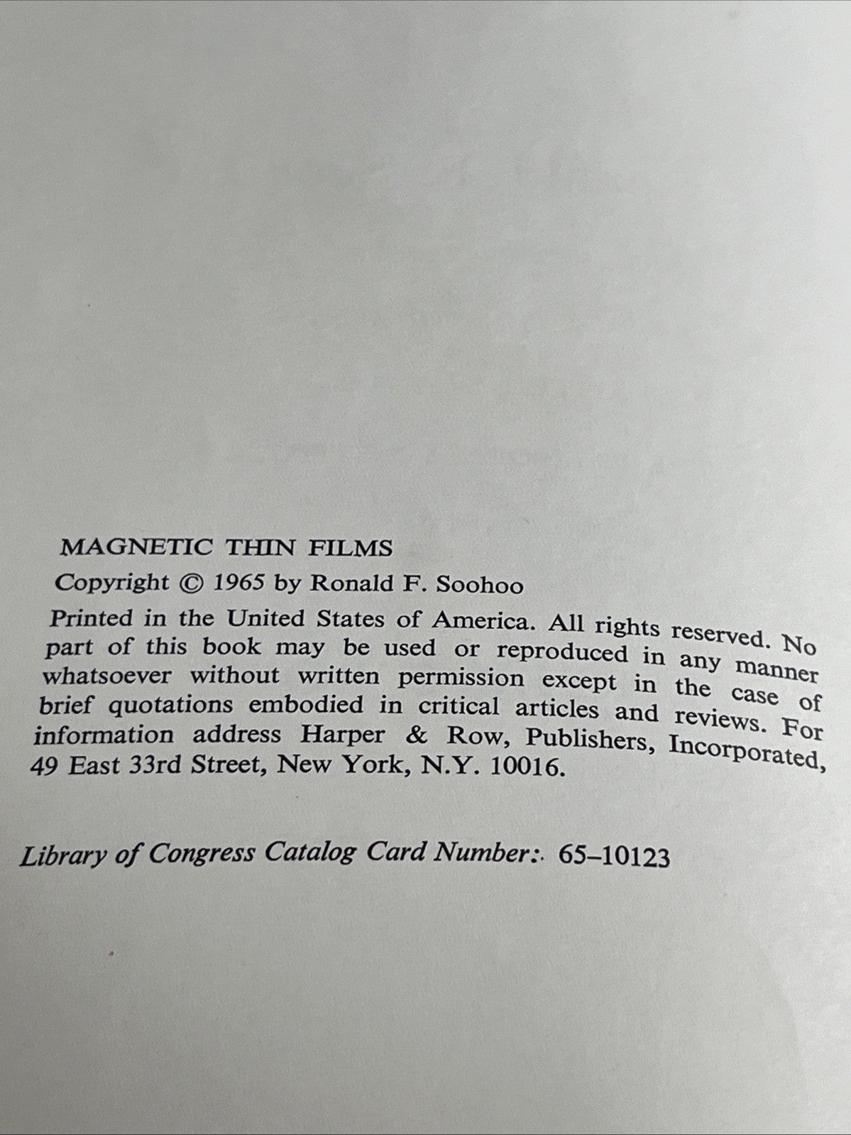 Magnetic Thin Films By Ronald F. Soohoo 1965