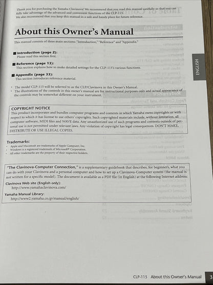 Yamaha Clavinova CLP-115 Digital Piano Keyboard Original User Owner's Manual.