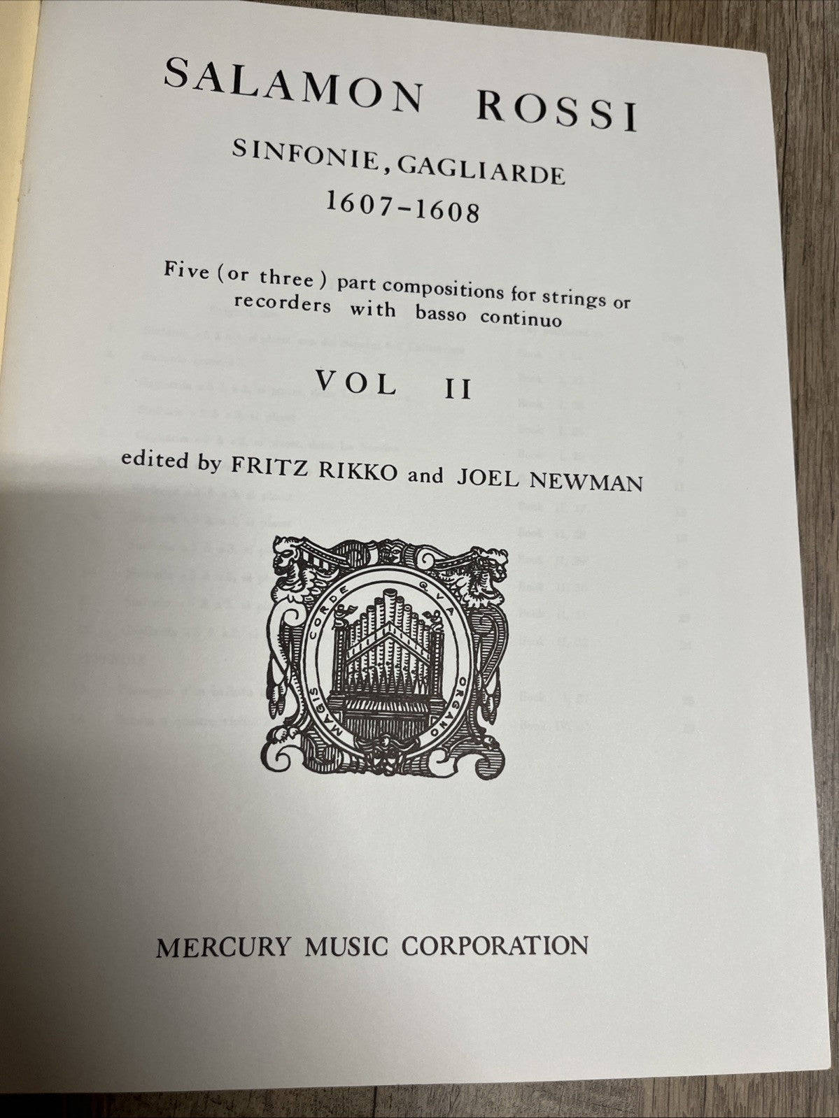 SALAMON ROSSI SINFONIE, GAGLIARDE 1607-1608 VOL. II  Five ( Or Three ) Part