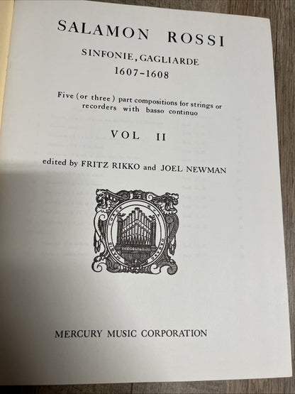 SALAMON ROSSI SINFONIE, GAGLIARDE 1607-1608 VOL. II  Five ( Or Three ) Part