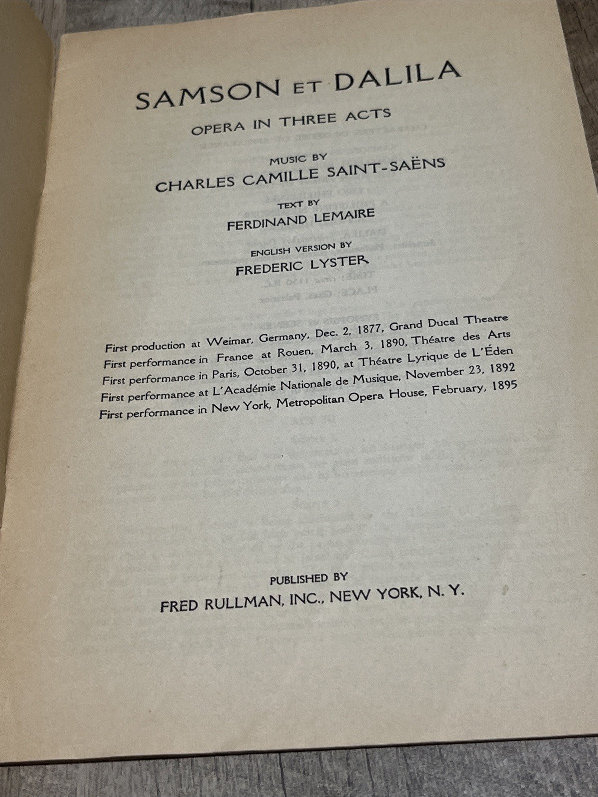 Metropolitan Opera Libretto Samson ET Dalila Opera In Three Acts ..1935