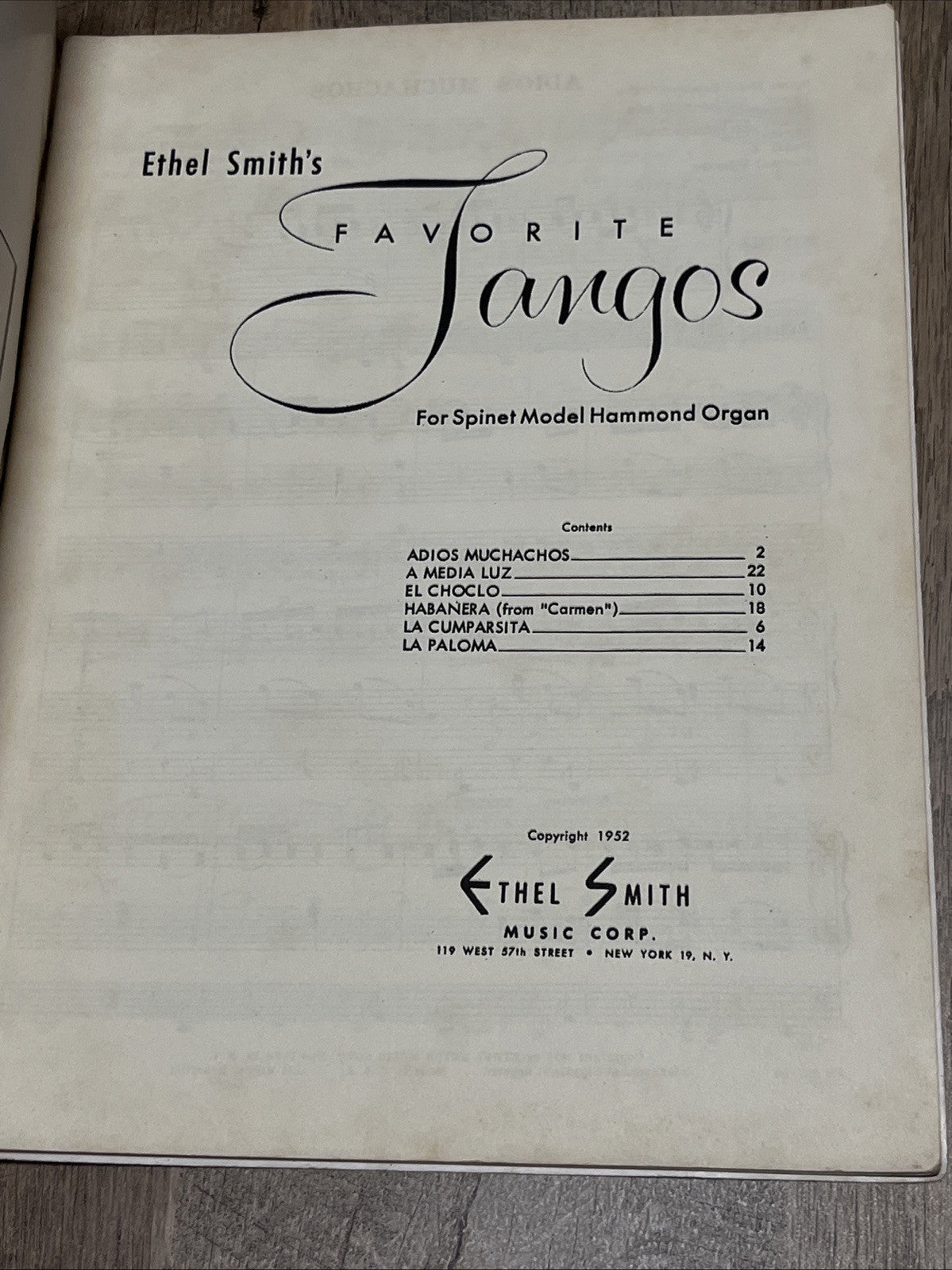 Ethel Smith's Favorite Tangos Songbook For Spinet Model Hammond Organ 1952