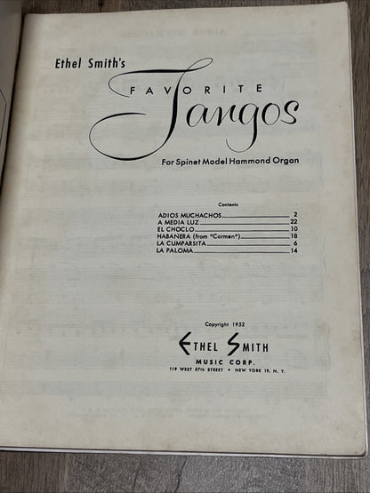 Ethel Smith's Favorite Tangos Songbook For Spinet Model Hammond Organ 1952