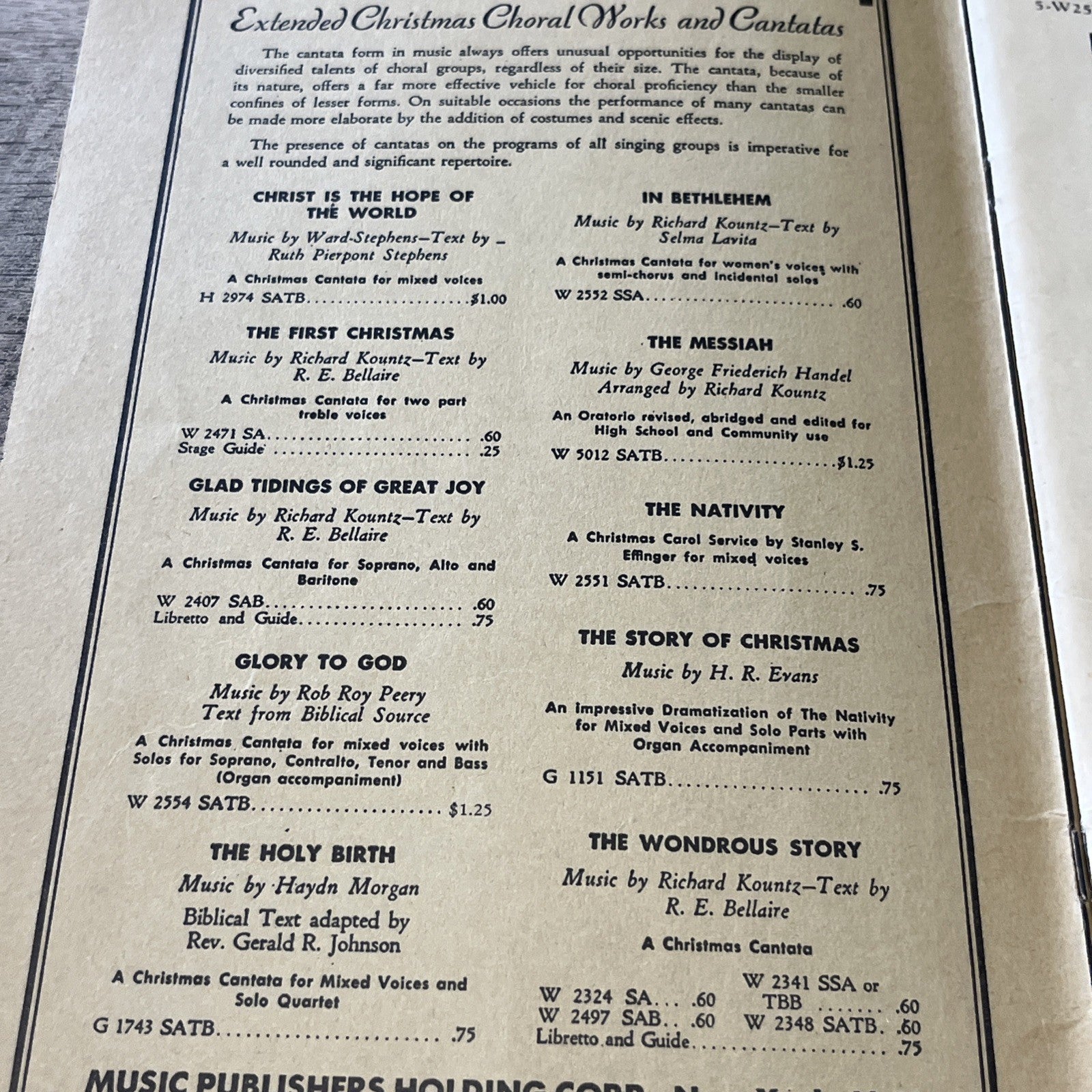 Glory To God ; A Christmas Cantata For Mixed Voices, SATB.. M.Sheet Rob Roy 1931