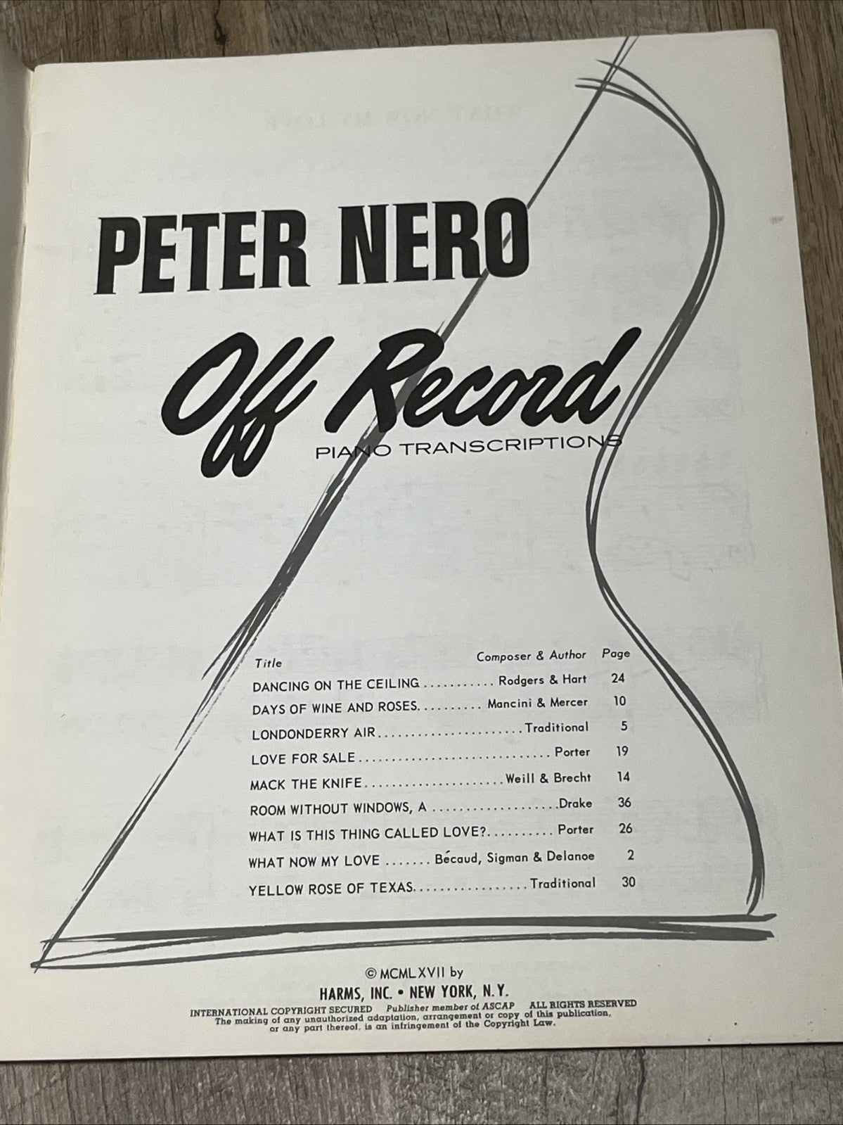 PETER NERO Off Record PIANO TRANSCRIPTIONS Copyright 1967 Sheet Music Book