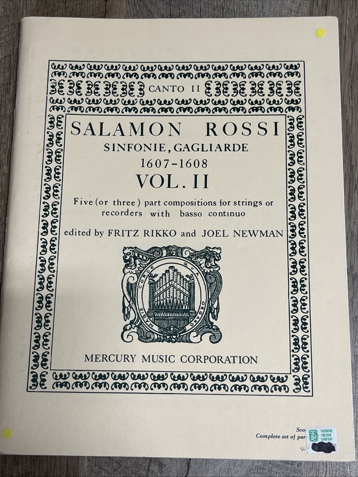 SALAMON ROSSI SINFONIE, GAGLIARDE 1607-1608 VOL. II  Five ( Or Three ) Part