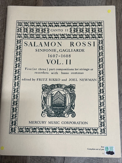 SALAMON ROSSI SINFONIE, GAGLIARDE 1607-1608 VOL. II  Five ( Or Three ) Part