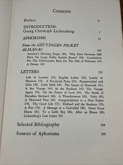 THE LICHTENBERG READER: SELECTED WRITINGS OF GEORG CHRISTOPH LICHTENBERG (1959)
