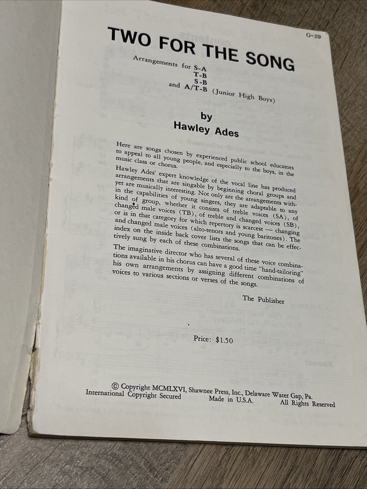 Two for the Song-Two Part Choral Arrangements by Hawley Ades-Shawnee Press 1966