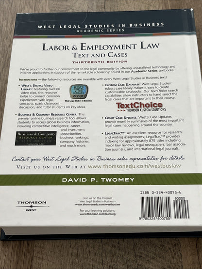 LABOR & EMPLOYMENT LAW: TEXT AND CASES By David Twomey - Hardcover **Excellent**