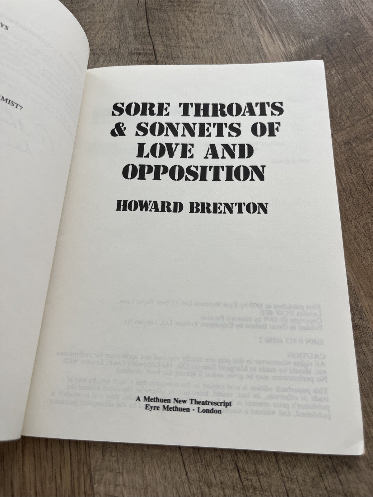 Howard Brenton SORE THROATS & SONNETS OF LOVE AND OPPOSITION 1st Ed. SC Book