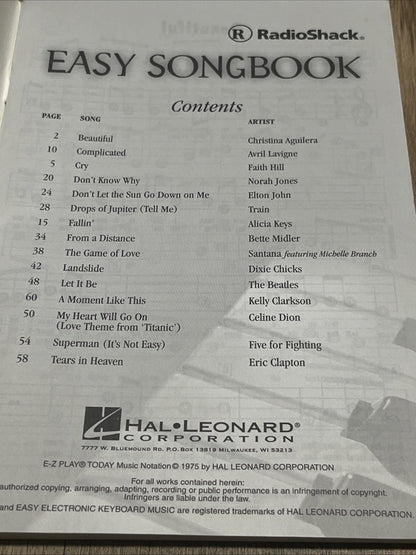  Radio Shack Easy Song Book 15 Popular Songs (Hal Leonard Publication)