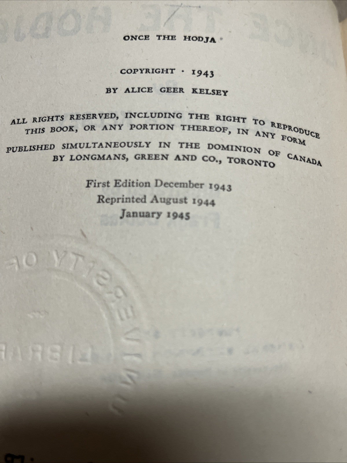 ONCE THE HODJA By ALICE GEER KELSEY 3rd PRINTING 1945 EX LIBRARY Acceptable