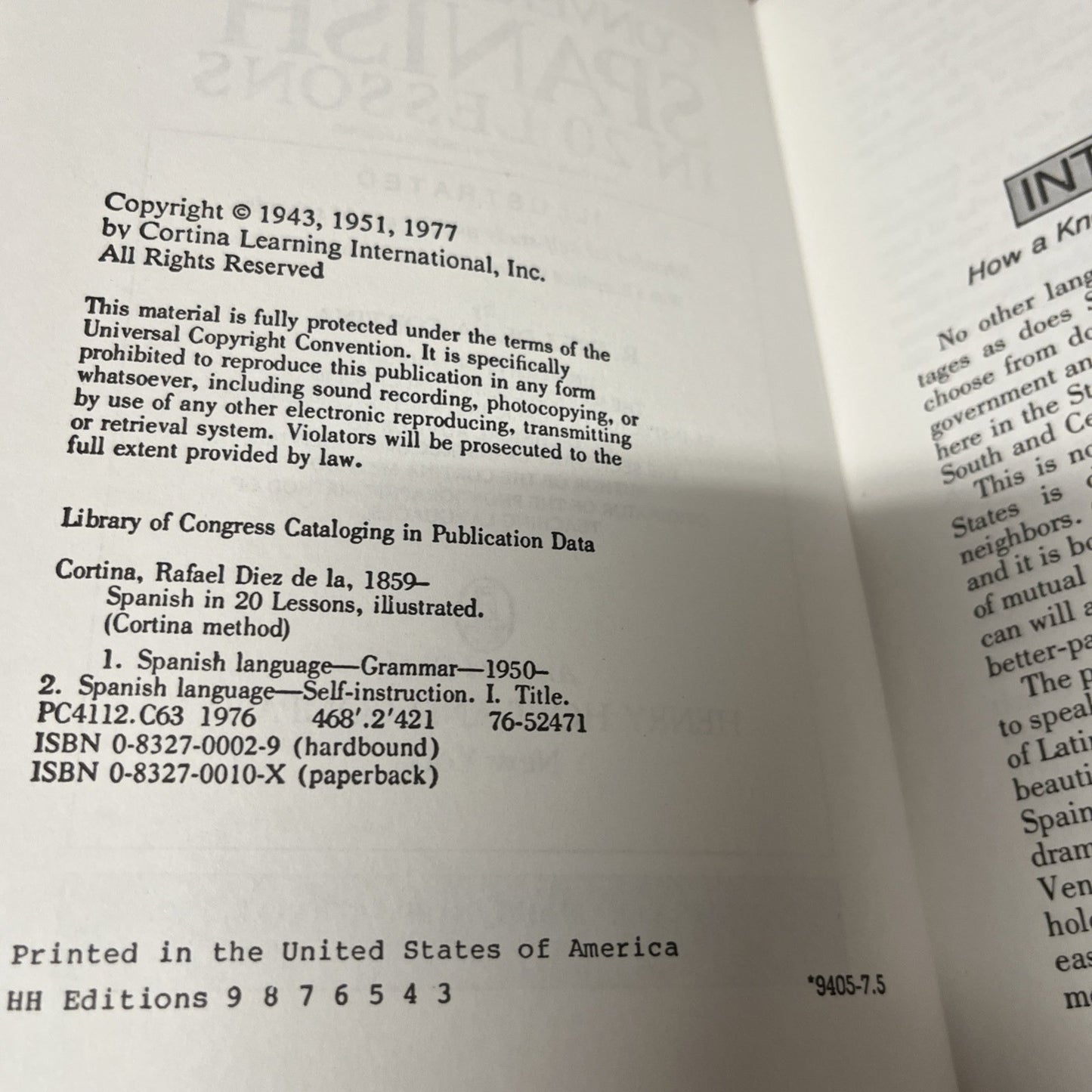 CONVERSATIONAL SPANISH IN 20 LESSONS (CORTINA METHOD) By Diez R. De La Cortina