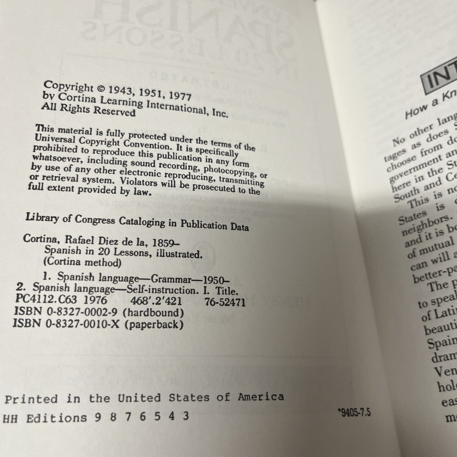 CONVERSATIONAL SPANISH IN 20 LESSONS (CORTINA METHOD) By Diez R. De La Cortina