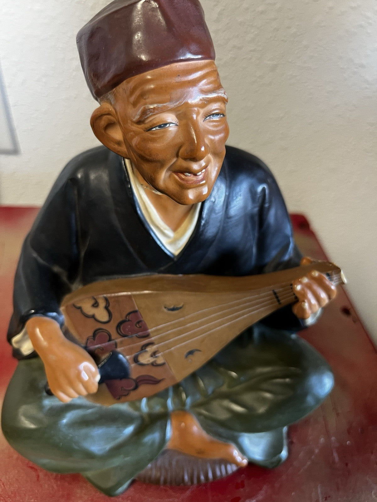 Hakata Urasaki Old Man Biwa Instrument Japanese Figurine Top of Biwa Is Broken