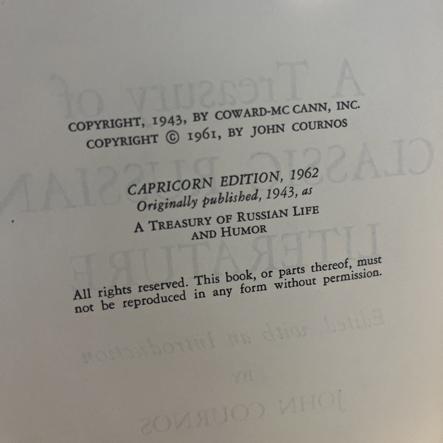 The Treasury of Classic Russian Literature Edited By John Cournos (1962)