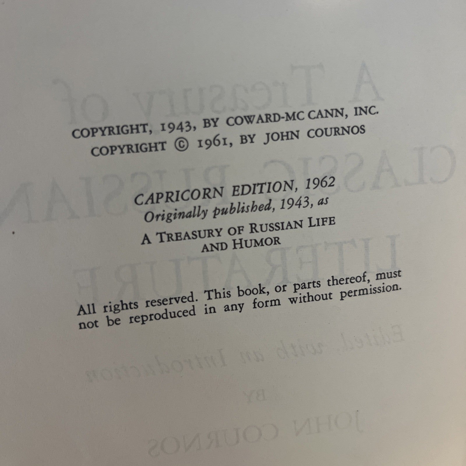 The Treasury of Classic Russian Literature Edited By John Cournos (1962)