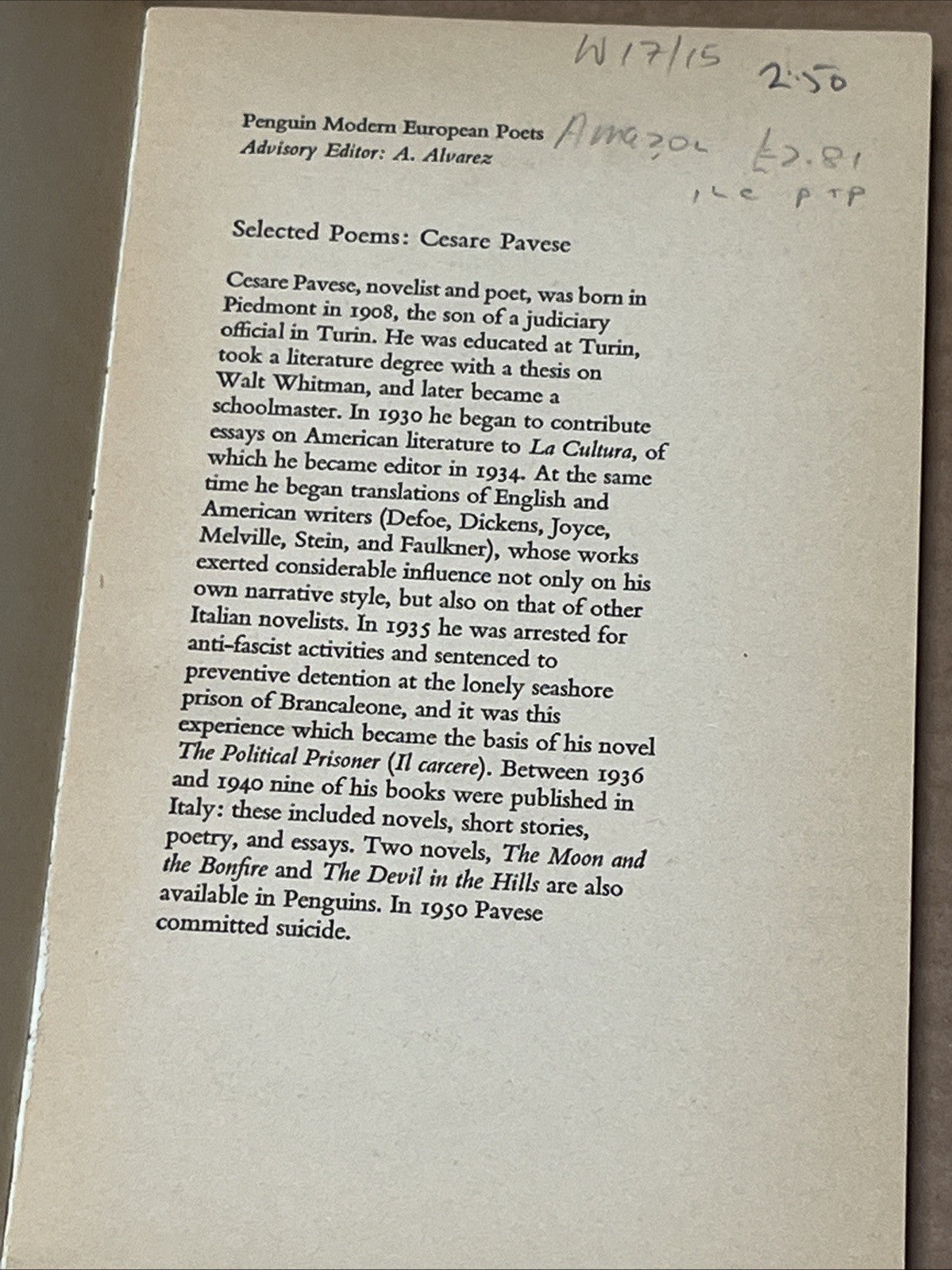 Cesare Pavese Selected Poems, Penguin Modern European Poets. Ex Library 1969