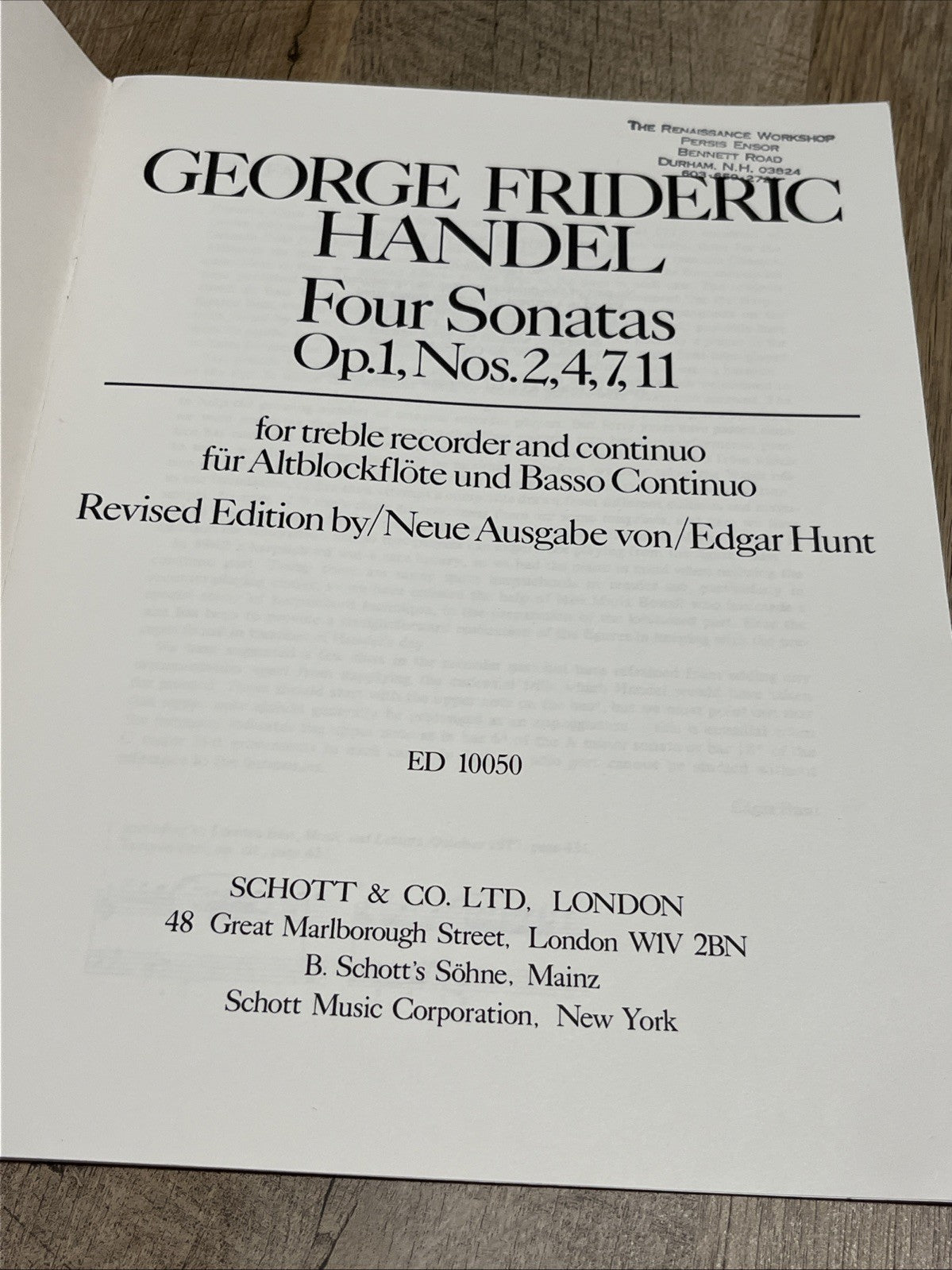 GEORGE FRIDERIC HANDEL Four Sonatas Op.1, Nos.2,4,7,11 For Treble Recorder & Con