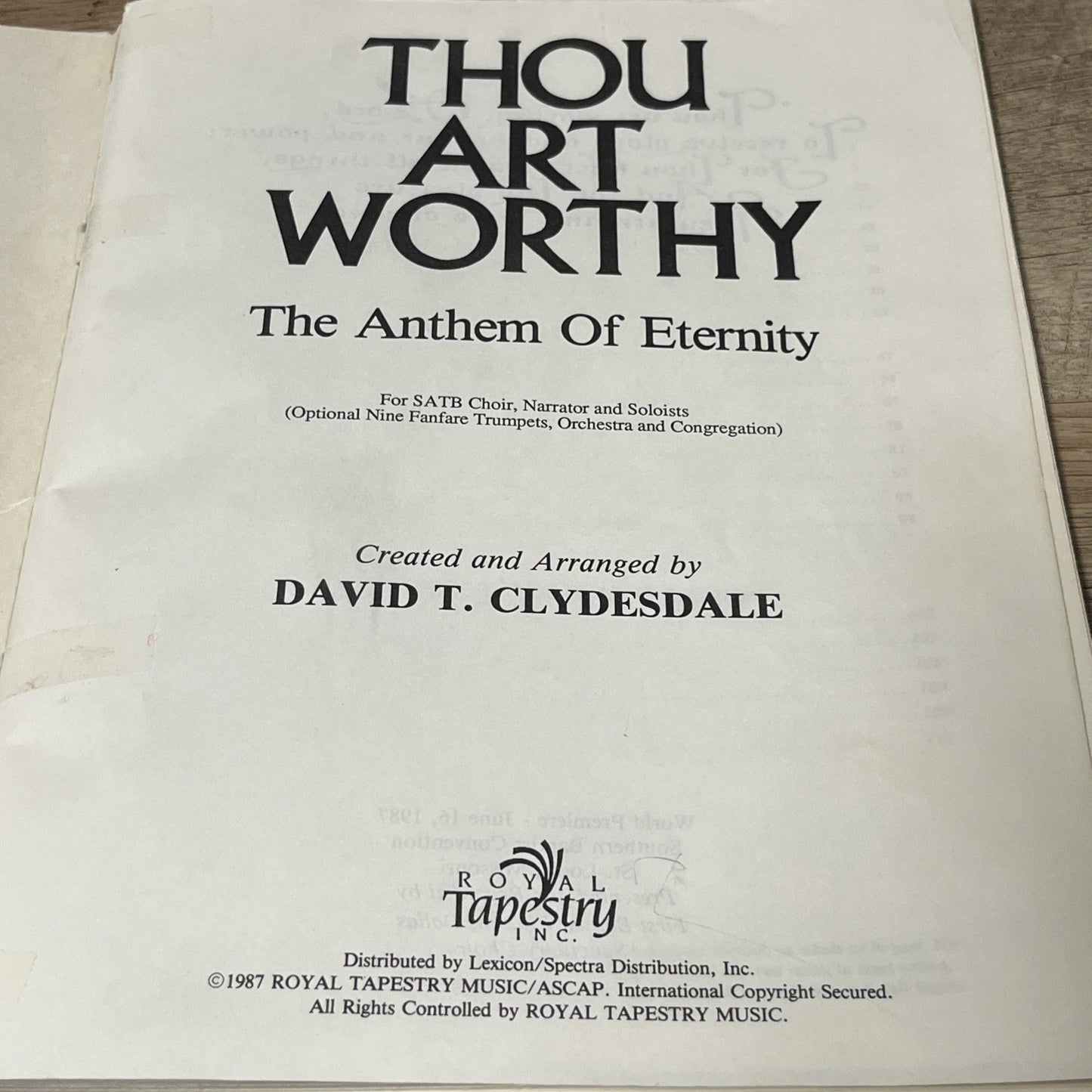 Lot of 10 Thou Art Worthy: The Anthem Of Eternity  SATB By David T. Clydesdale
