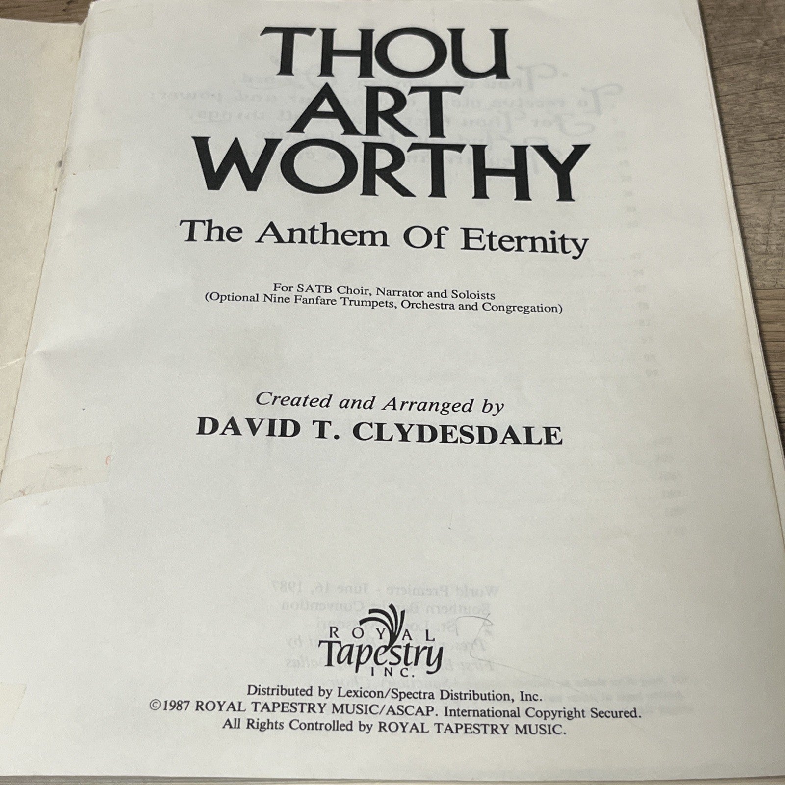 Lot of 10 Thou Art Worthy: The Anthem Of Eternity  SATB By David T. Clydesdale