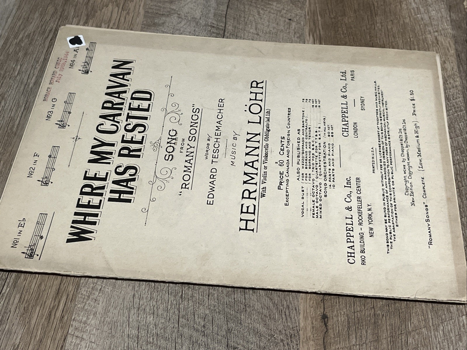 Where My Caravan Has Rested Sheet Music From Romany Songs Hermann Lohr 1939