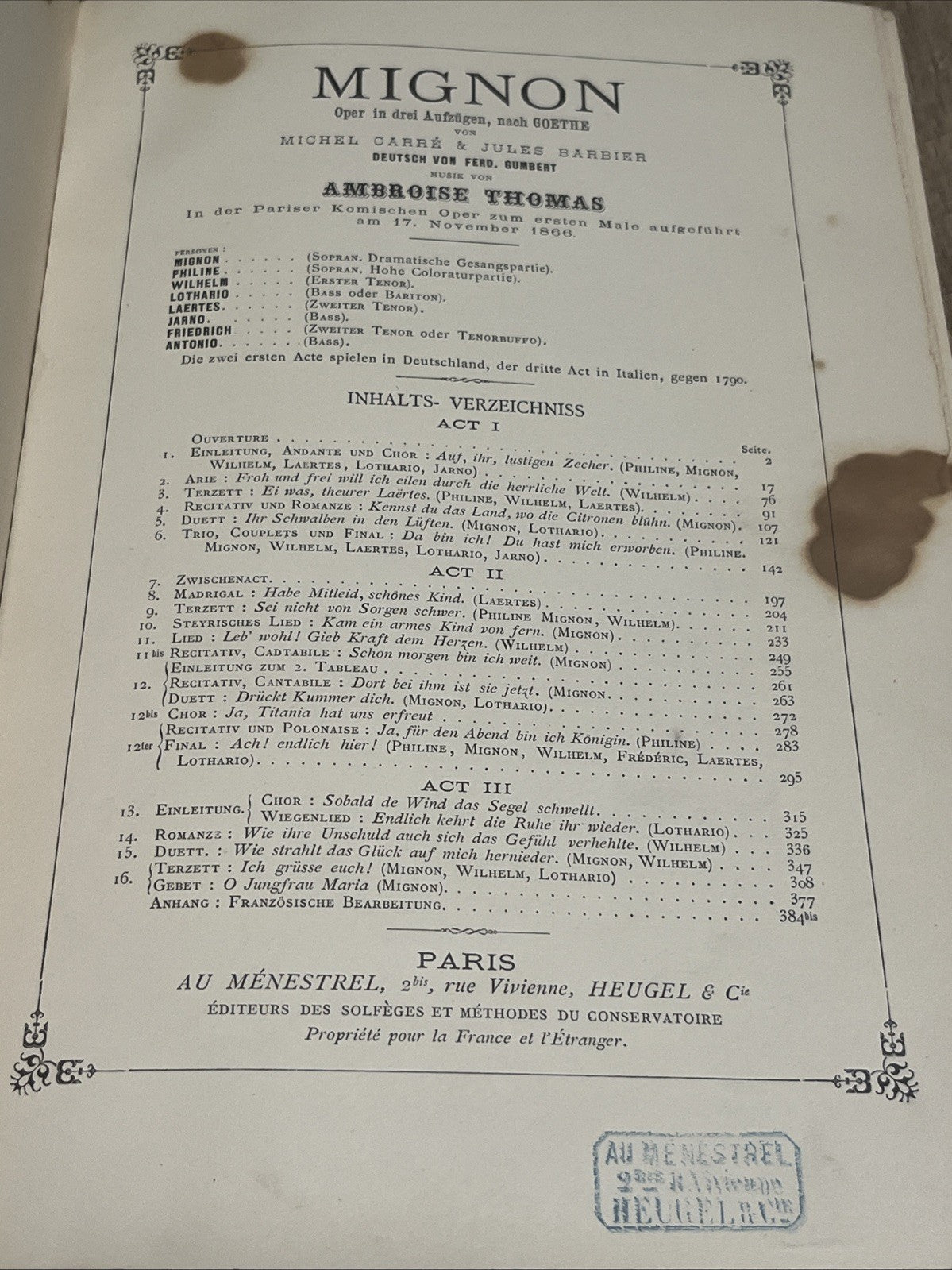 Mignon Opéra en Trois Actes Musique De  Ambroise Thomas Paroles de Michel Carré
