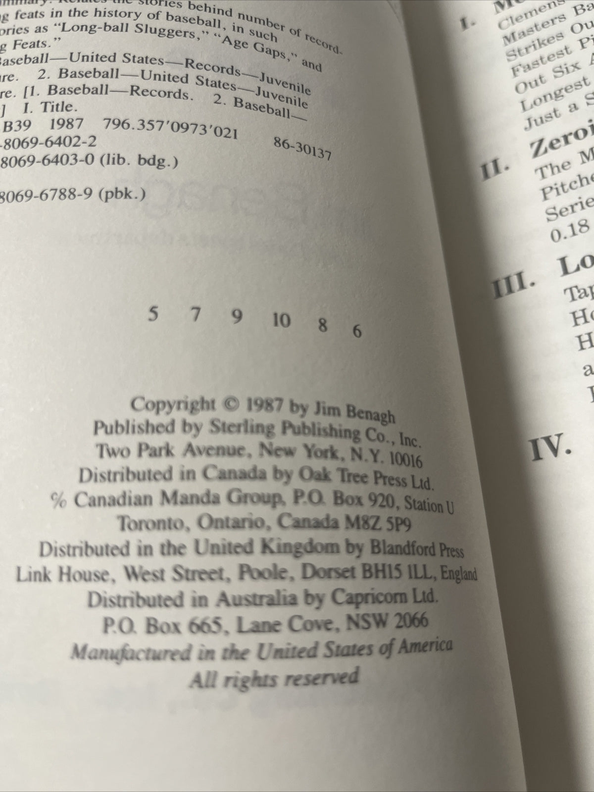 Baseball : The Startling Stories Behind the Records by Jim Benagh (1987)