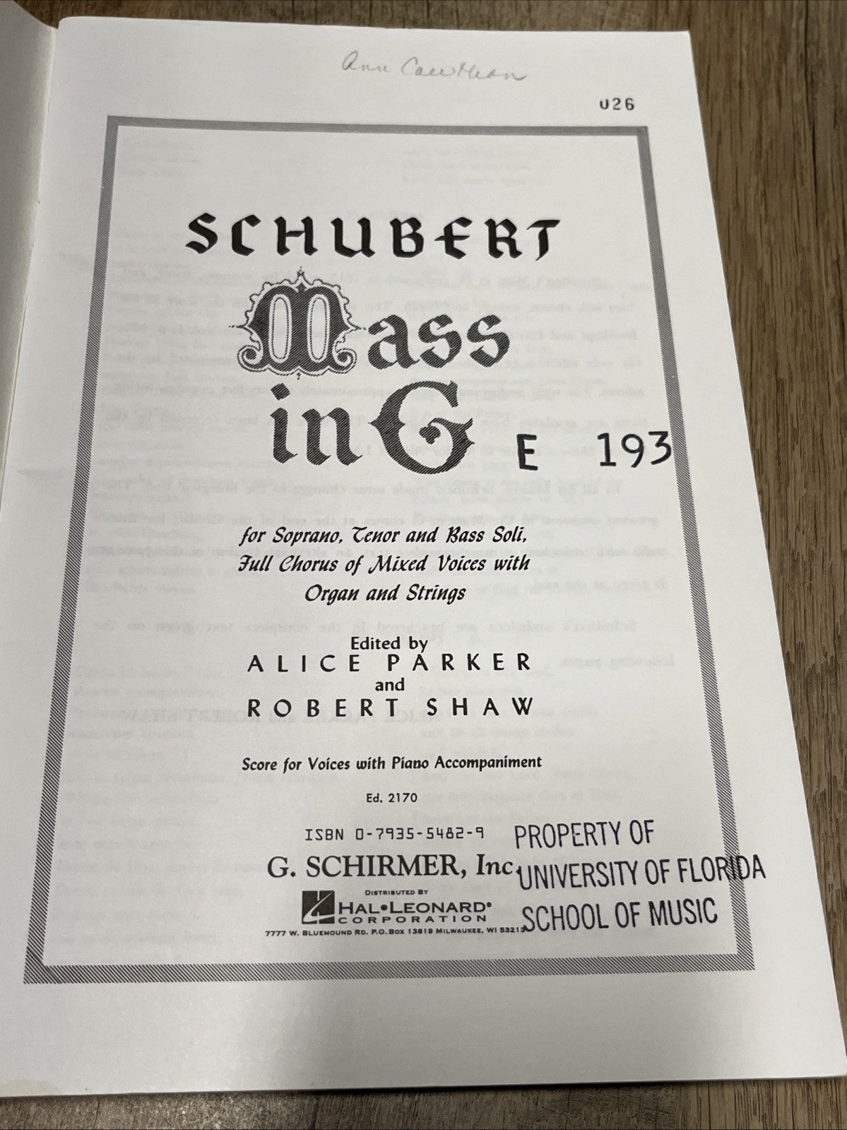 Schubert Mass In G Soprano Tenor Bass Full Chorus Organ Strings 1954