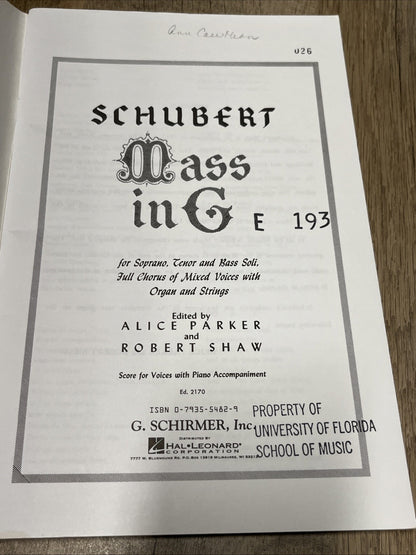 Schubert Mass In G Soprano Tenor Bass Full Chorus Organ Strings 1954