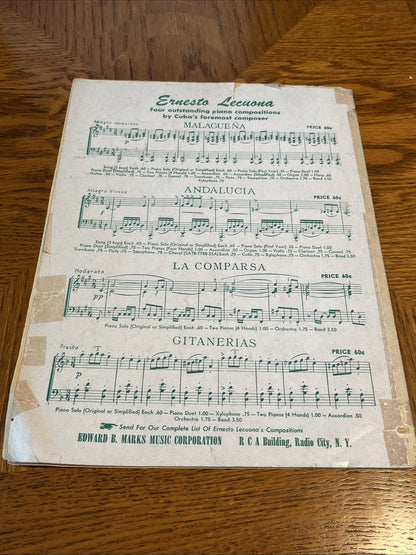 VINT 1930 LATIN-AMERICAN CLASSIC ERNESTO LECUONA - MALAGUENA PIANO SHEET MUSIC