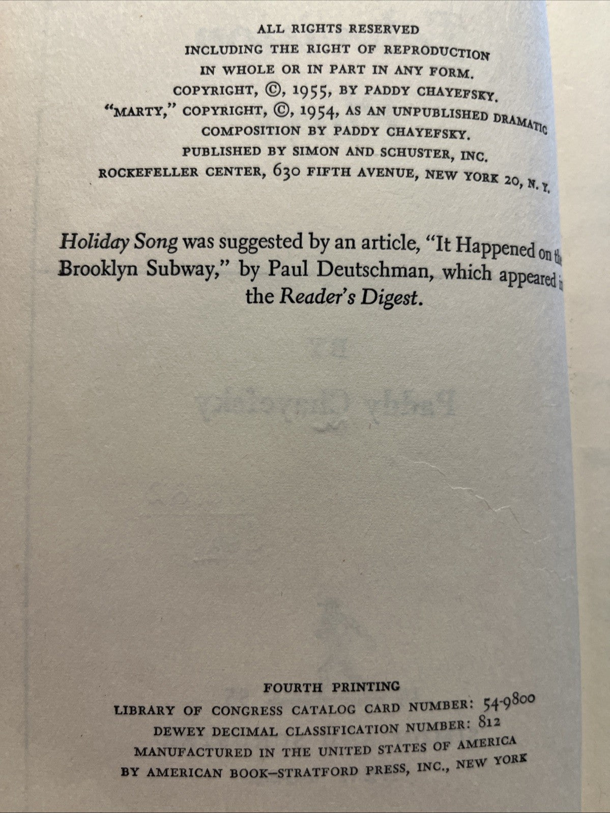 Chayefsky, Paddy TELEVISION PLAYS  1st Edition 1955